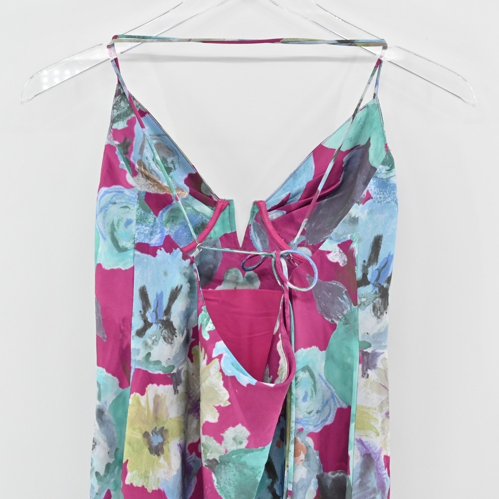 ACOA Dress Size M Blue Magenta Floral Print Strapless V Neck Midi Slip Vacation - Picture 12 of 13